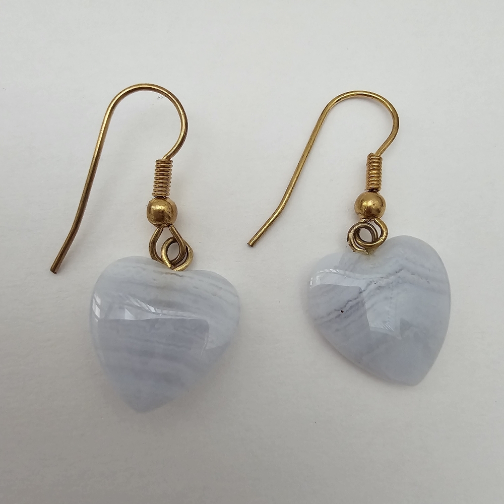 Natural Blue Lace Agate Heart Dangle Earrings Banded Chalcedony Gemstone Hearts